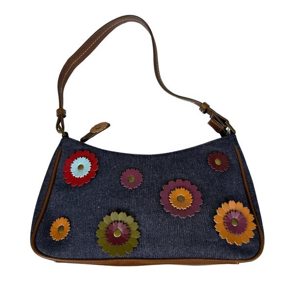 Y2K Liz Claiborne Denim Faux Leather Floral Applique Top Handle Shoulder Bag - Picture 2 of 6